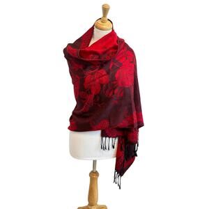 Pashmina Textured Floral Print Fringe Reversible Scarf Boho Layering Office